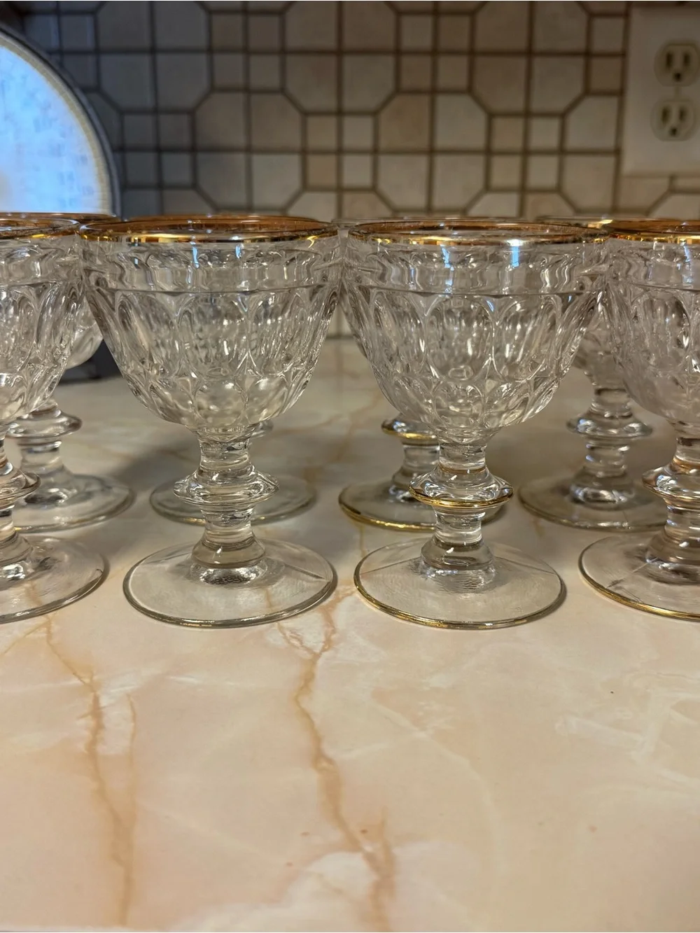 Set of Clear Glass Goblets with Gold Rim (8)